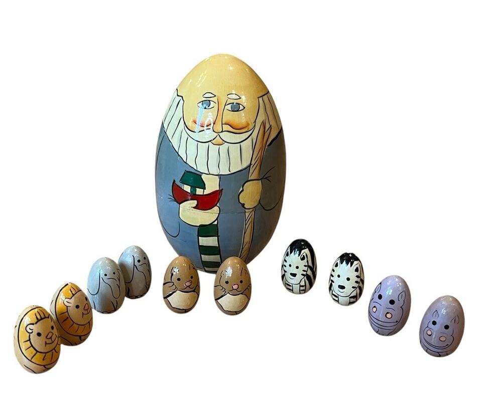 Vintage Terry's Village Hand Painted Noah's Ark Nesting Doll W/ 10 Egg Animals